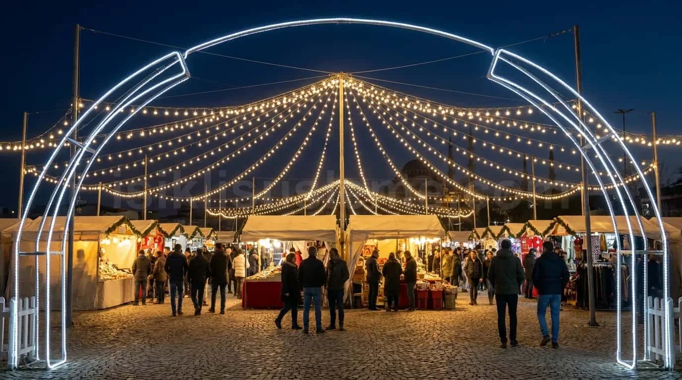 Gece acik hava pazarinda LED kemer ve sicak beyaz catenet isiklar altinda yuruyus yapan kalabaligin gorunumu