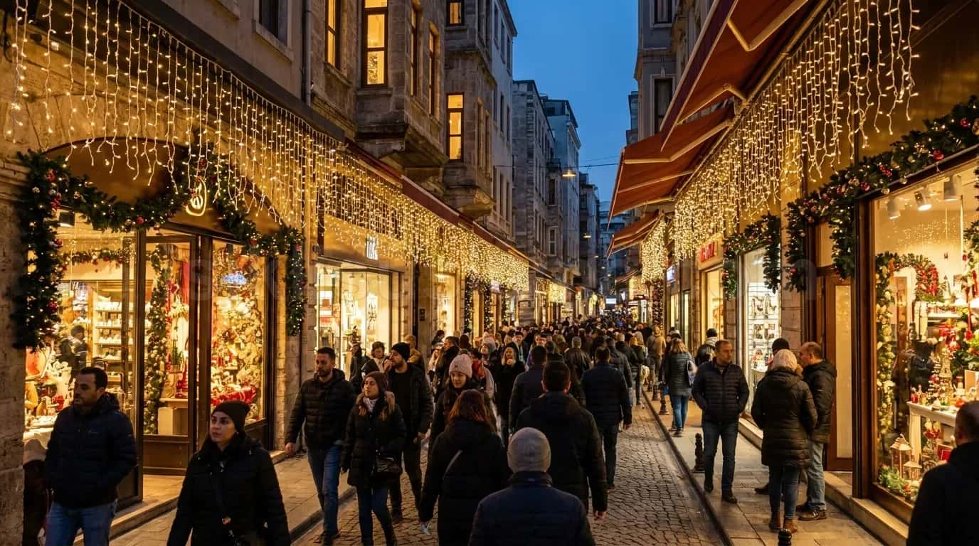 Yaya kalabaligiyla dolu alisveris caddesinde her iki yandaki binalara sarkitilmis sicak beyaz perde LED susleme