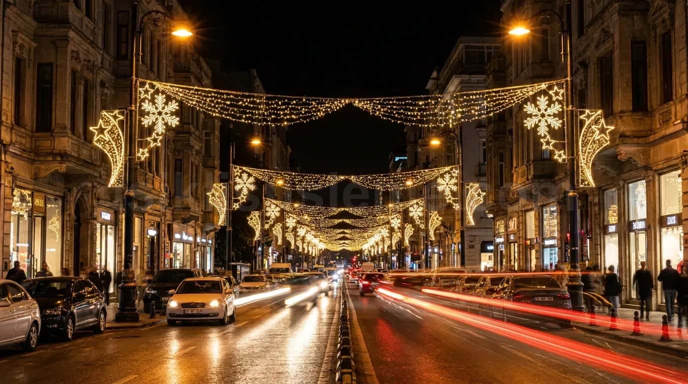 Uzun pozlamayla cekilen gece caddesinde altin kar tanesi motifli LED ag susleme ve trafik izleri