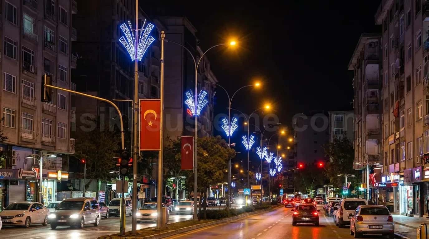 Turk bayraklarinin oldugu genis ana caddede mavi LED kelebek motifleri gece trafik aci