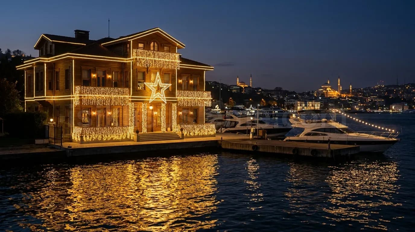 İstanbul Boğaz yalısında yılbaşı LED aydınlatma — premium cephe süsleme