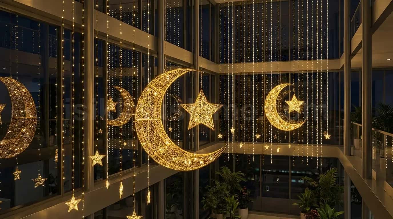 Cam tavanli atrium icinde buyuk altin LED ay ve yildiz figur motifleri ile sarkacak perde isiklar