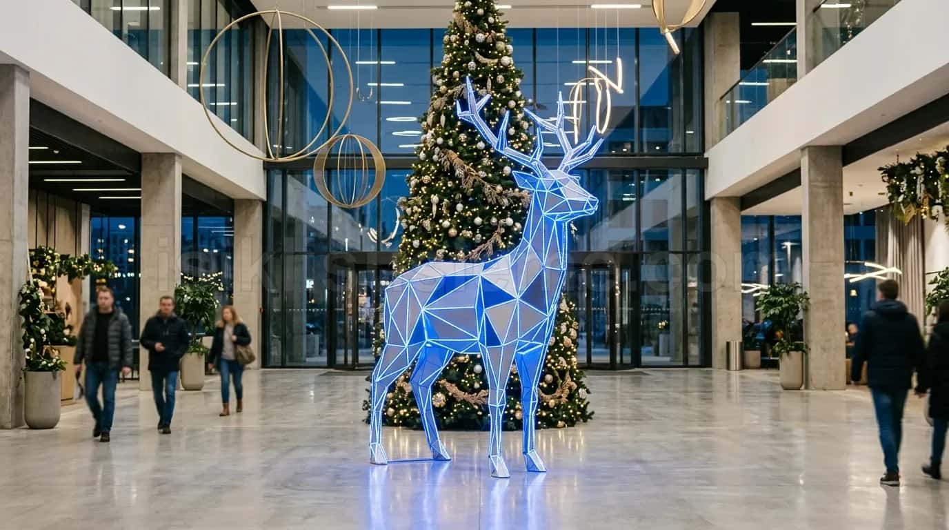 AVM giris holunde ziyaretciler arasinda buyuk mavi poligonal LED geyik heykeli ve suslu cam agaci