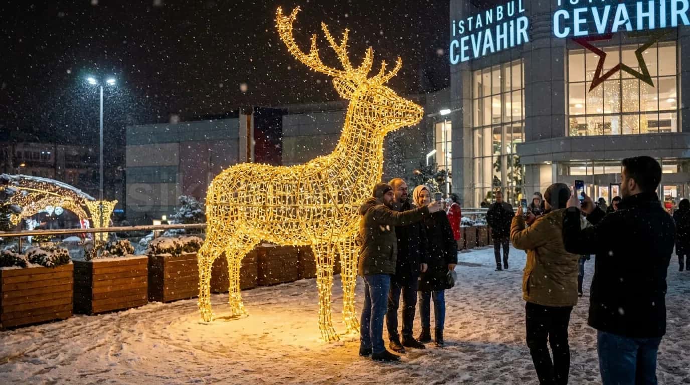 Istanbul Cevahir AVM onunde karli havada insanlarin fotograf cektigi buyuk altin LED geyik figuru