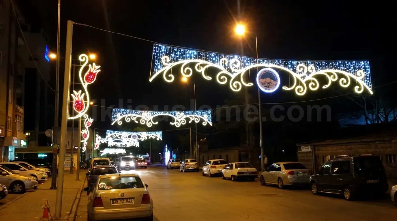 Belediye amblemli cadde ustu LED kanopi ve kirmizi led lale motifleri gece araç trafiği arka planda