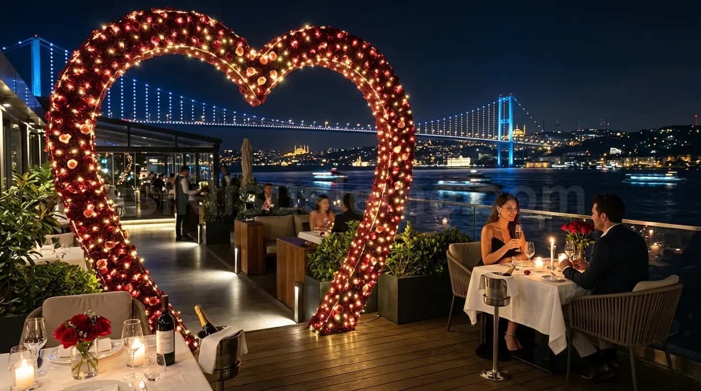 Bogaz koprusu manzarasinda dis teras restoraninda LED kalp figur ve romantik masa duzenlemesi