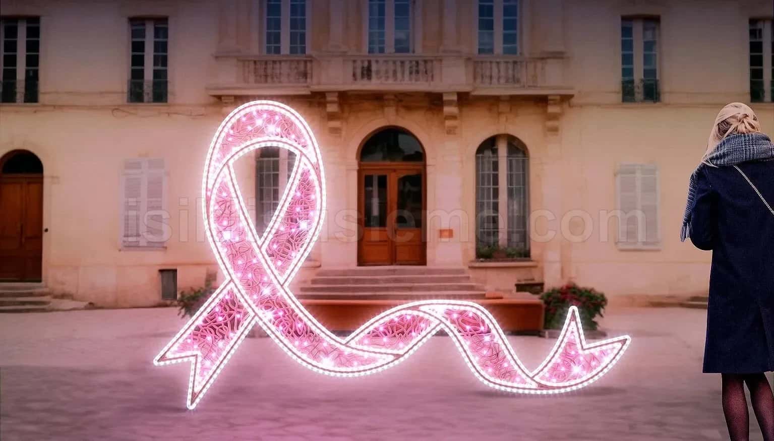 Tarihi bina onunde zeminde duran buyuk pembe isikli 3D kurdele LED figurunu izleyen bir kadin ve gunduz gorunumu