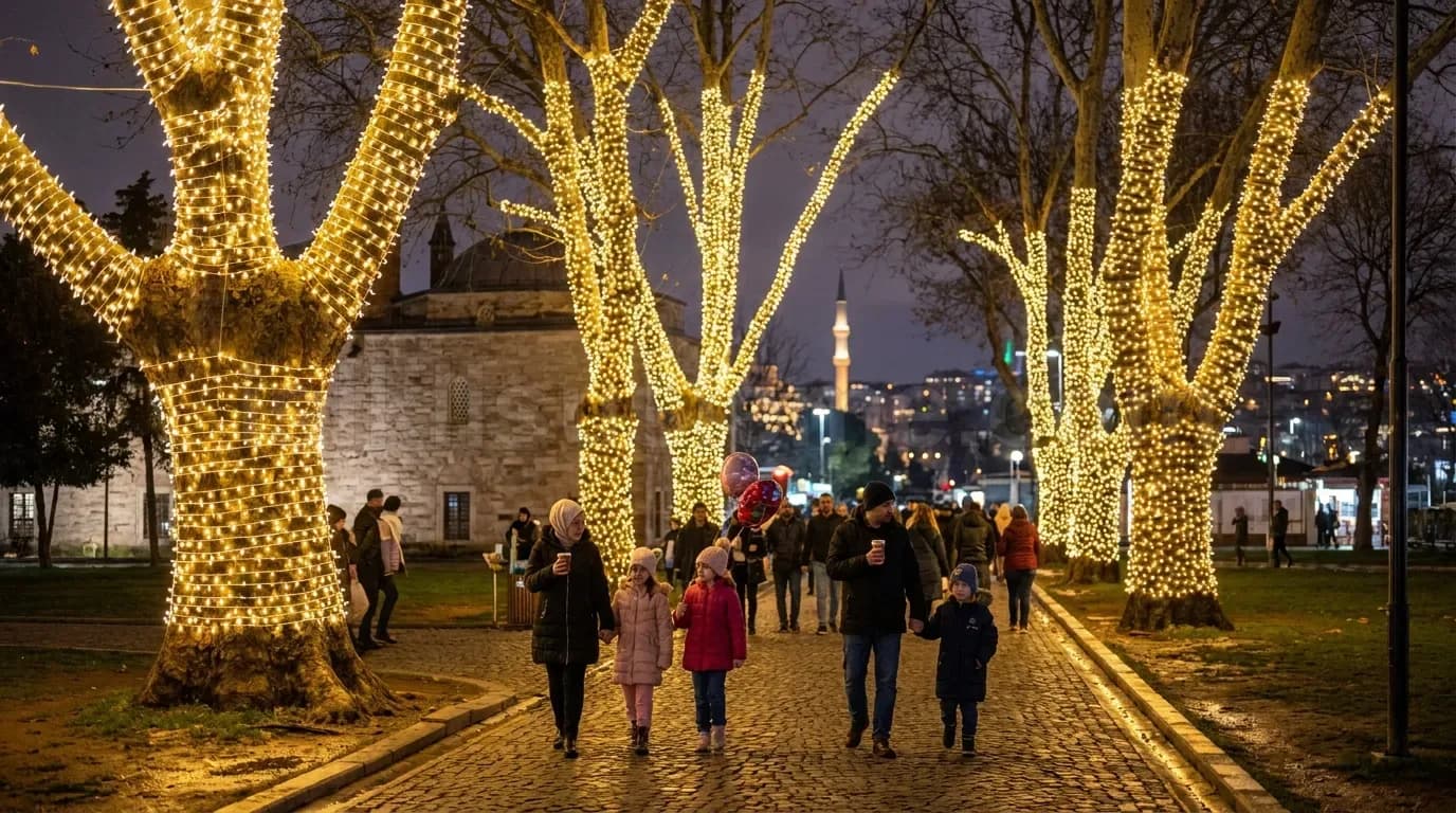Istanbul tarihi semtinde gece yuruyus yapan insanlar ve LED ile kapli kaldırım agaclari