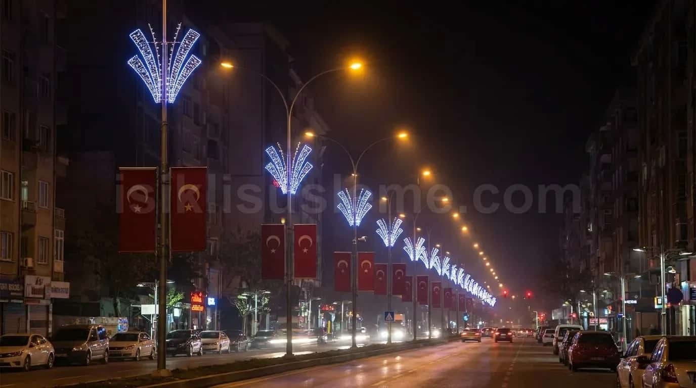 Gece vakti ana caddede direklere monte edilmis mavi LED yelpaze motifleri ve Turk bayraklari