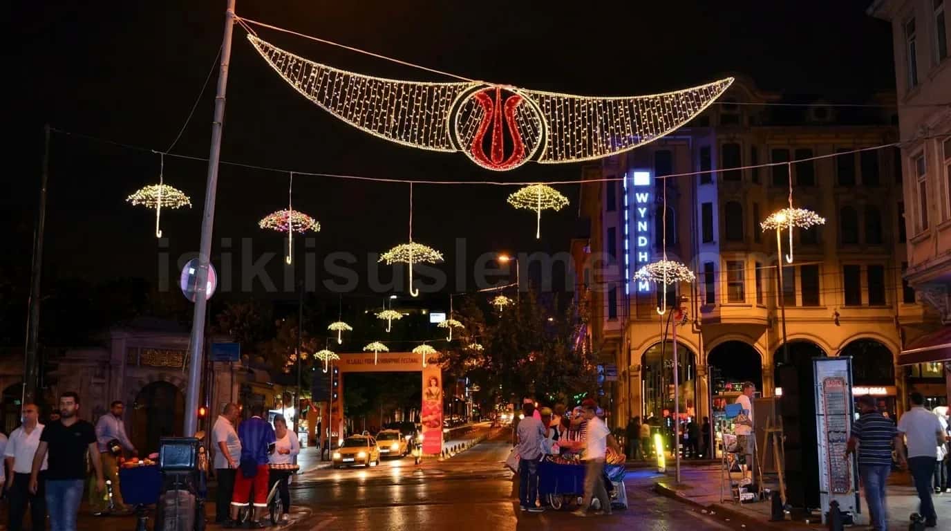 İstanbul'da gece kalabalık bir caddede üstten asılı LED şemsiye motifleri ve yay figürü