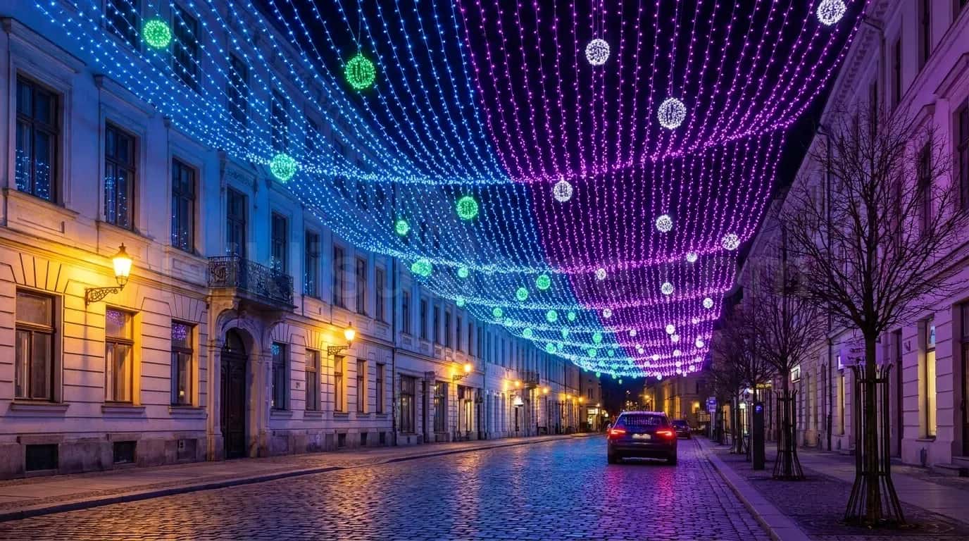 Avrupai tarzda tarihi cadde uzerinde mavi ve mor tonlarda led tavan perdesi ve yuvarlak led kure figurler