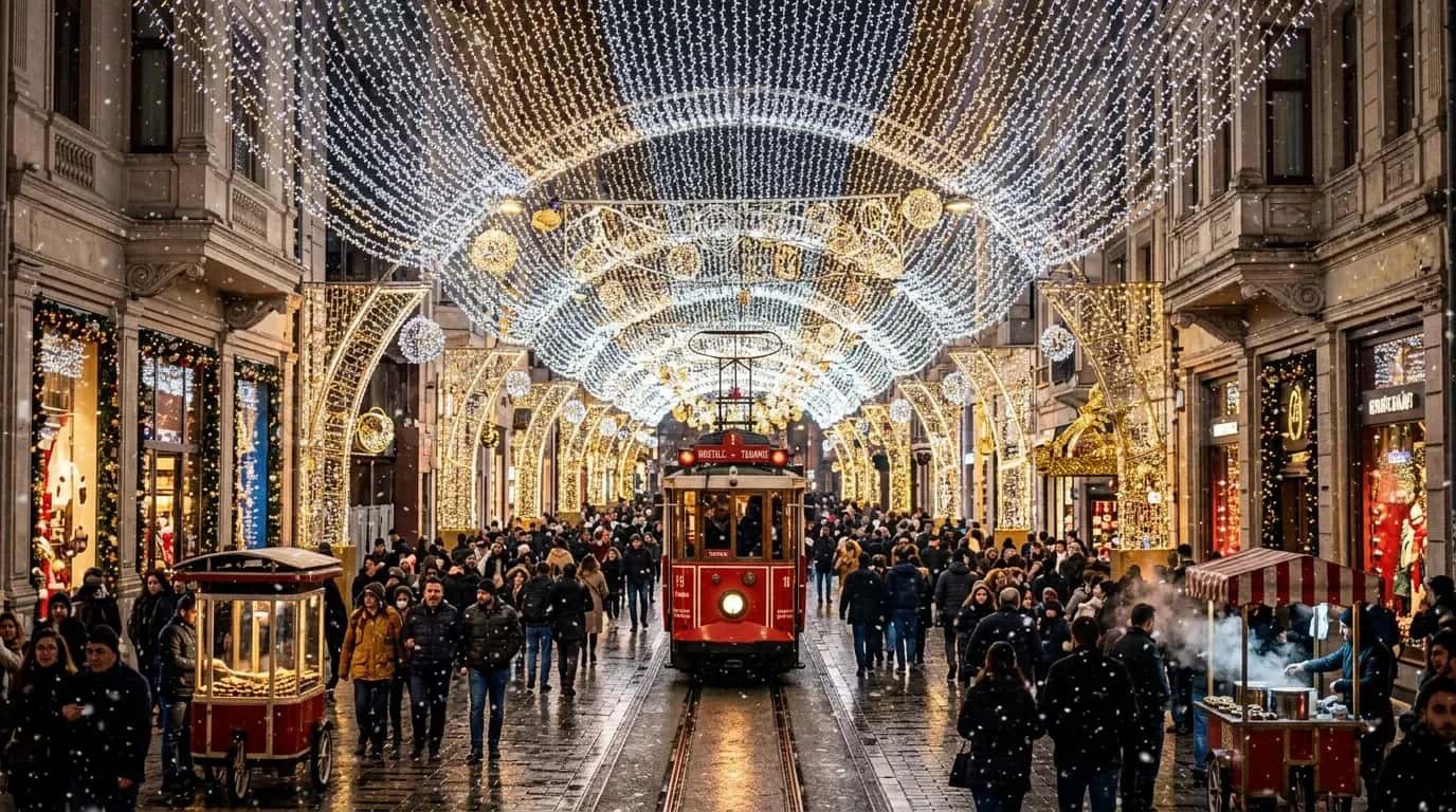 Yilbasi altın ve beyaz motif LED kemerler altindaki kalabaligin doldurdugu tarihi Istanbul caddesinde kirmizi tramvay