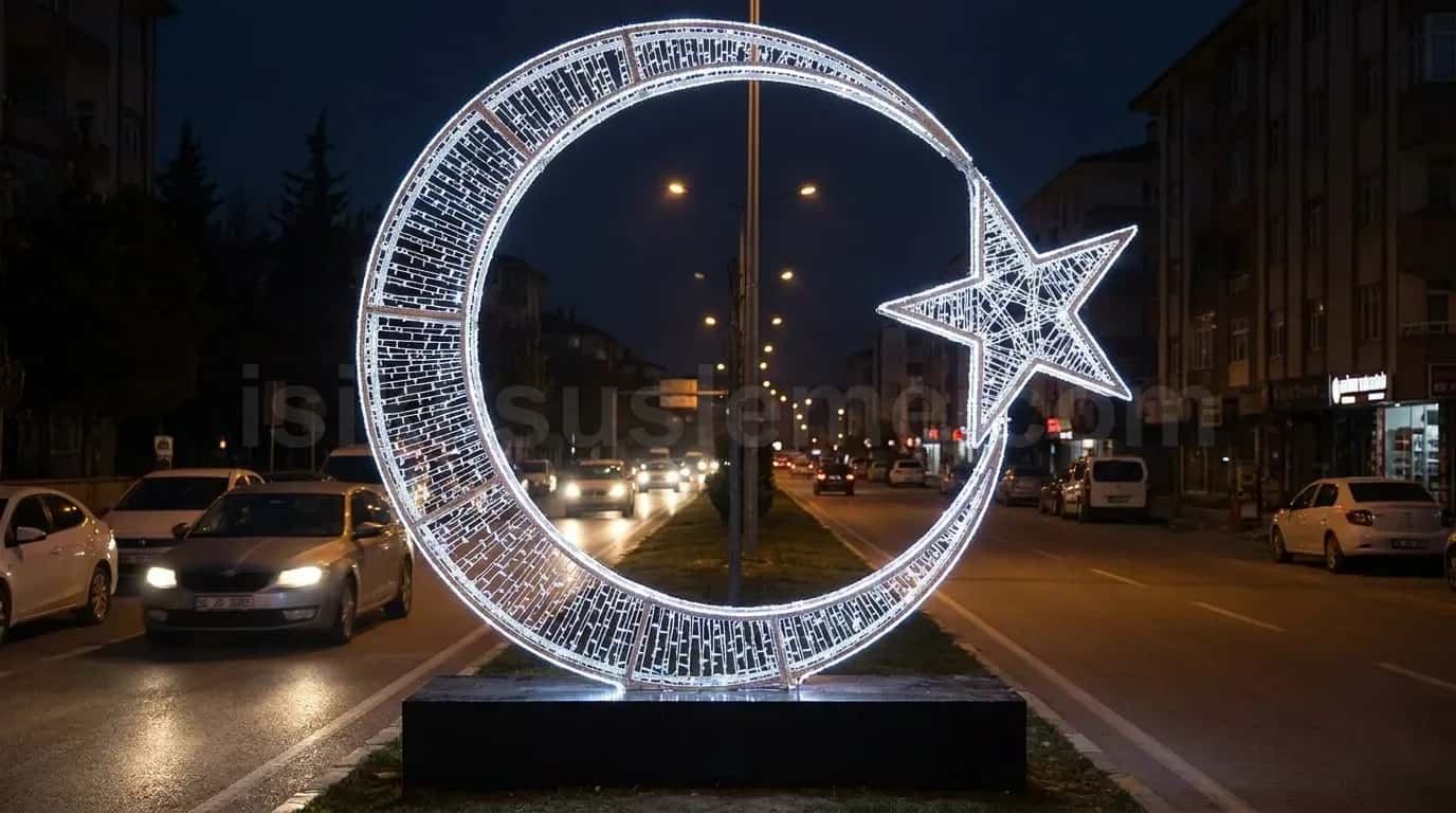 Cadde ortasinda arac trafigi onunde parlayan buyuk LED ay yildiz figuru
