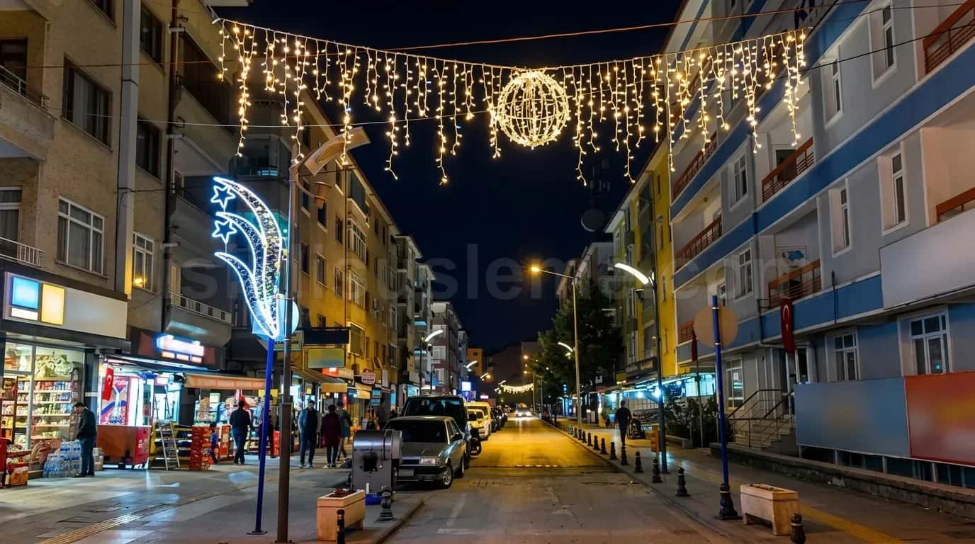 Sehir caddesinde sokak ustu perde LED ve altin kure motifi gece trafik gorunumu