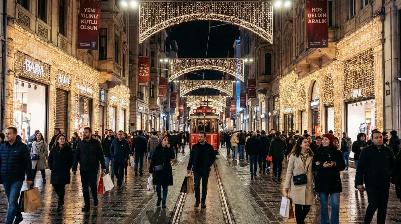 Istiklal Caddesi boyunca altin LED kemerler altinda kalabalik yuruyusu ve tramvay