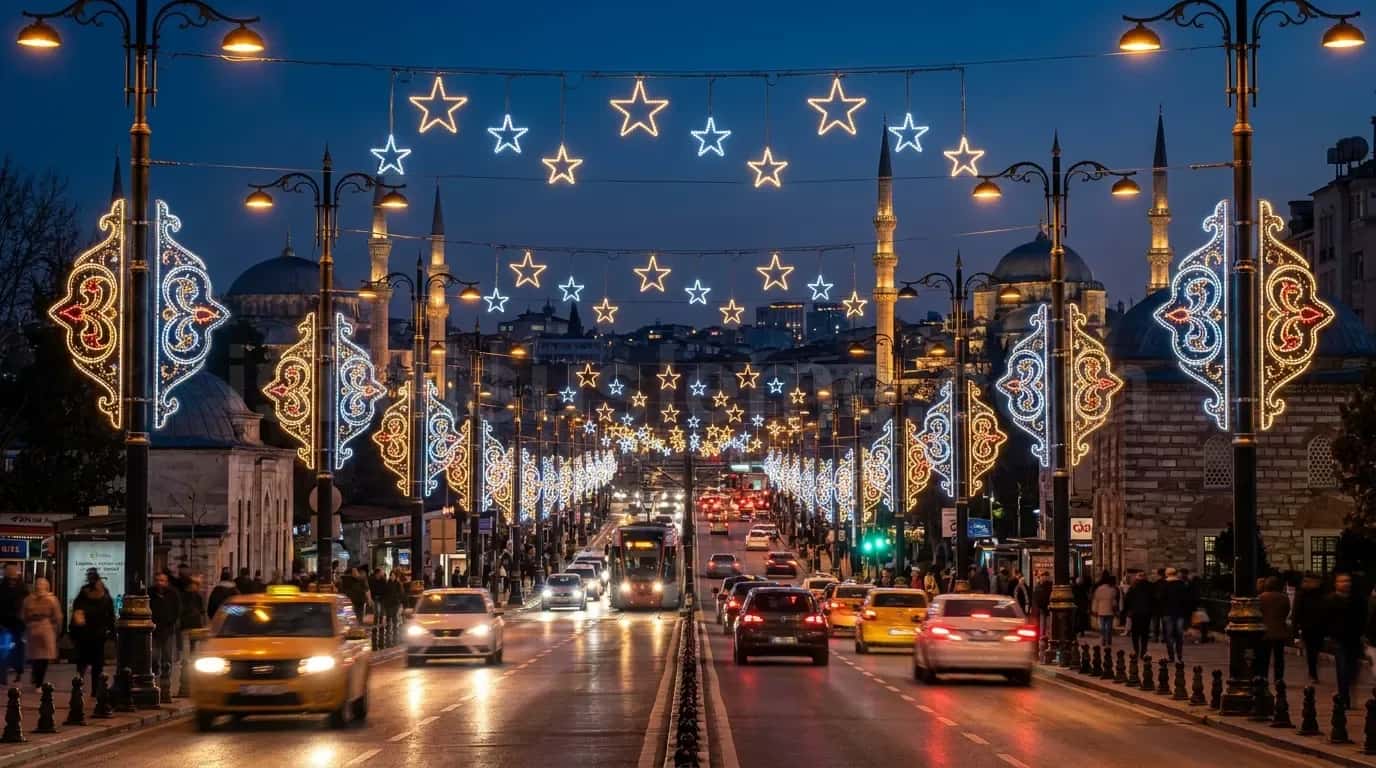 Genis cadde boyunca sira yildiz ve sekilli LED motifler ile suslenmus gece goruntusu