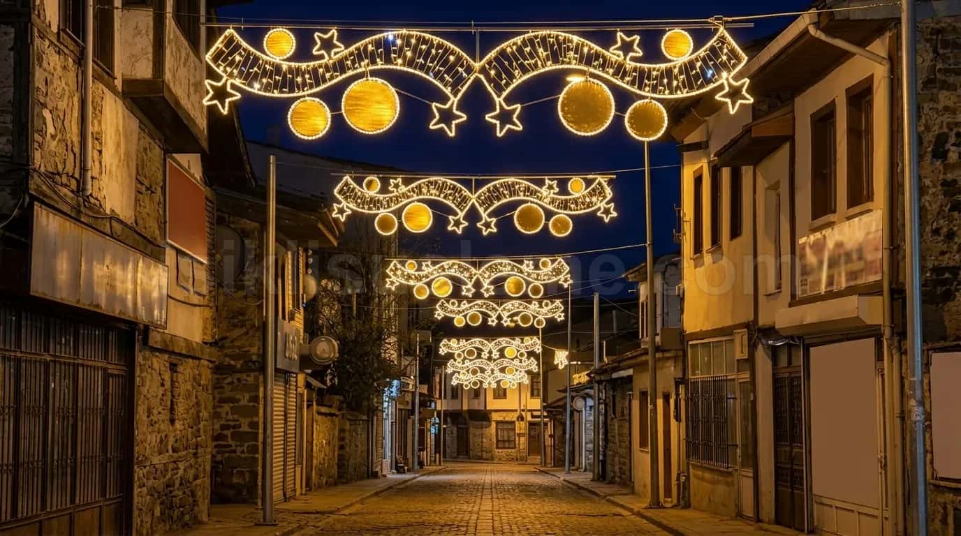Dar tarihi sokakta tavandan asili altin yildiz ve kure LED motifleri gece gorunumu