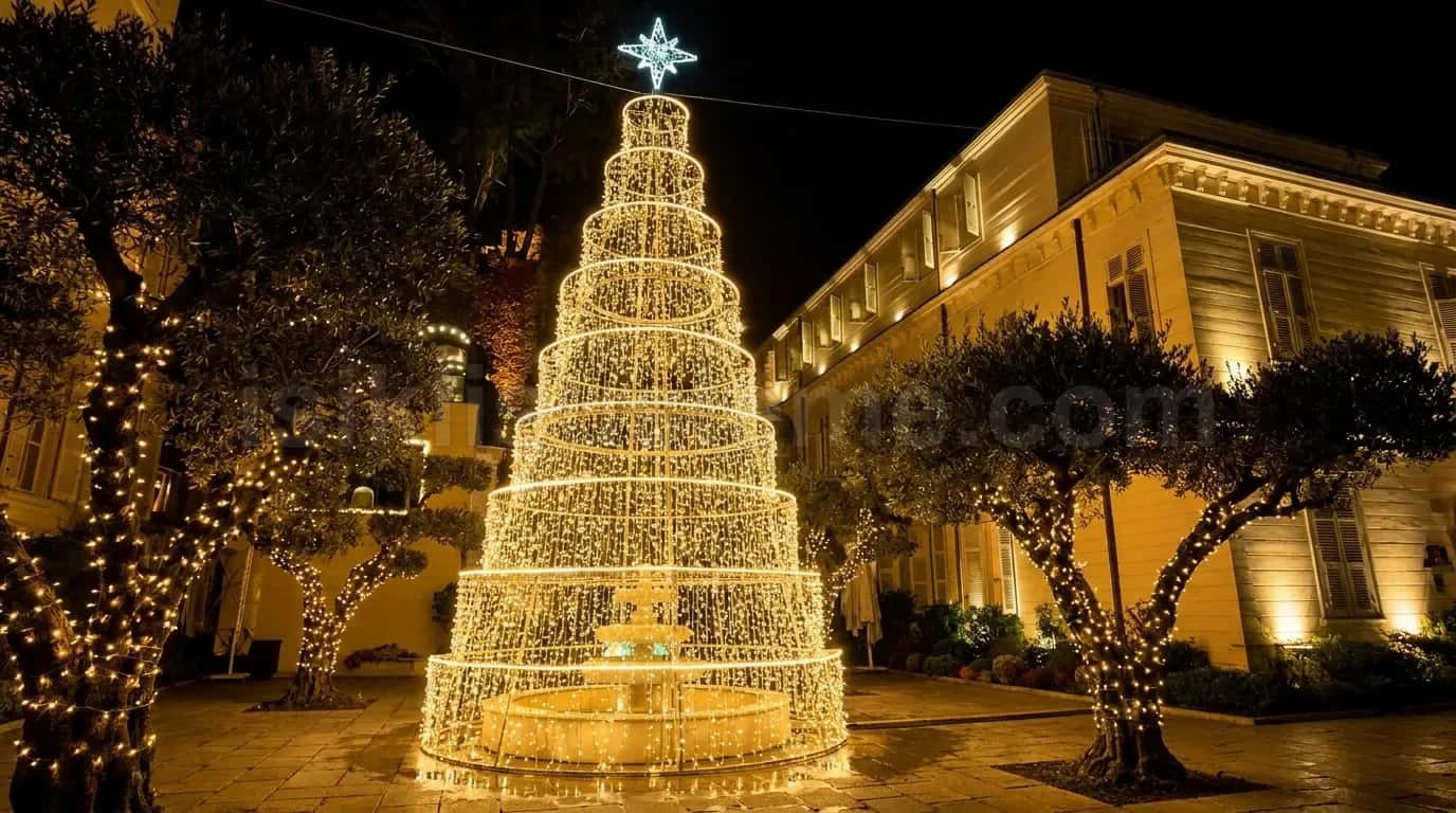 Tarihi bina onunde buyuk konuk yilbasi cam agaci sicak beyaz LED ile suslenmis zeytin agacli meydan