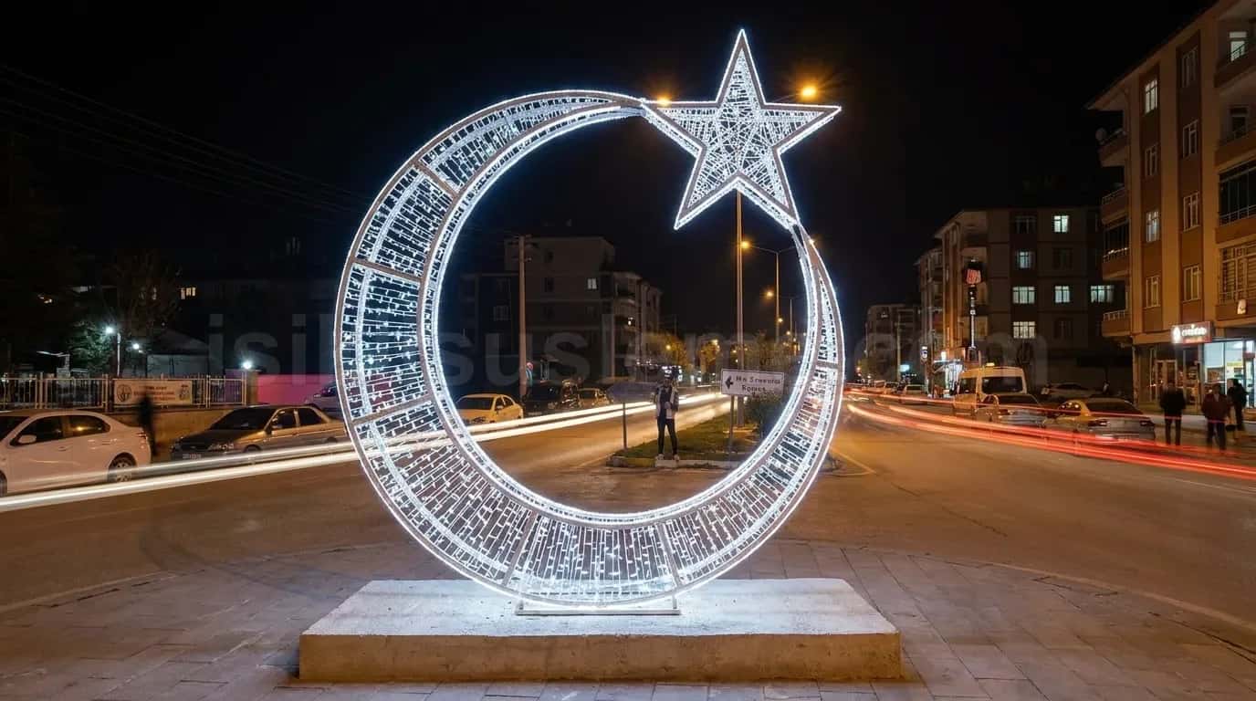 Sehir meydaninda trafik isigi arka planli buyuk LED ay yildiz figuru