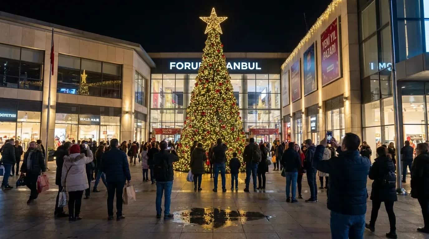 Forum Istanbul AVM onunde gece vakti kalabaligin toplandigi dev yilbasi agaci ve altin sicak LED susleme