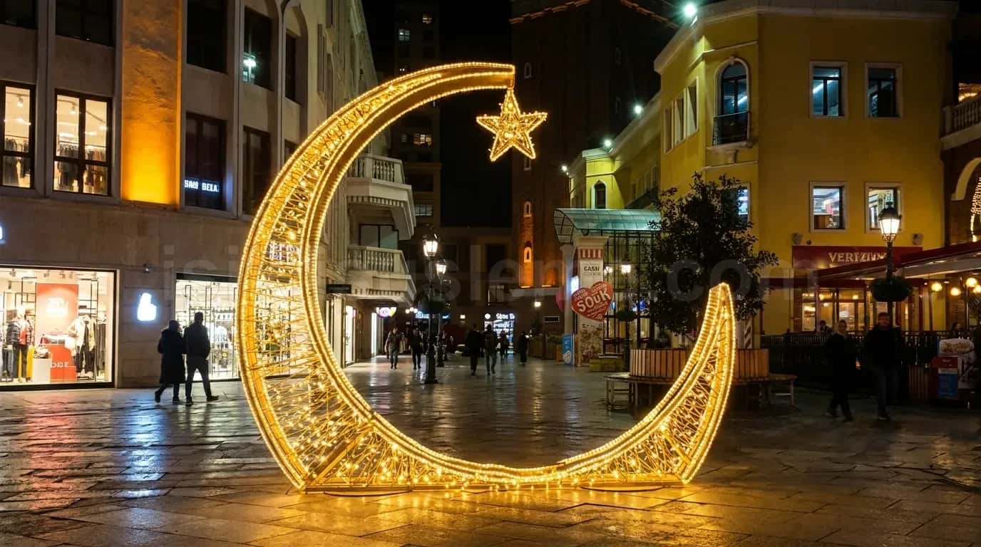 Islak kaldırimli gece meydaninda dev altin LED hilal ve yildiz figuru dukkan onleri arkaplan