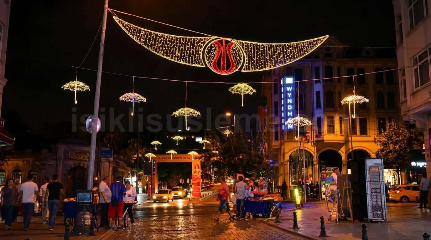 Gece İstanbul'da kalabalık sokakta asılı LED şemsiye ve yay motifleriyle süslenmiş cadde