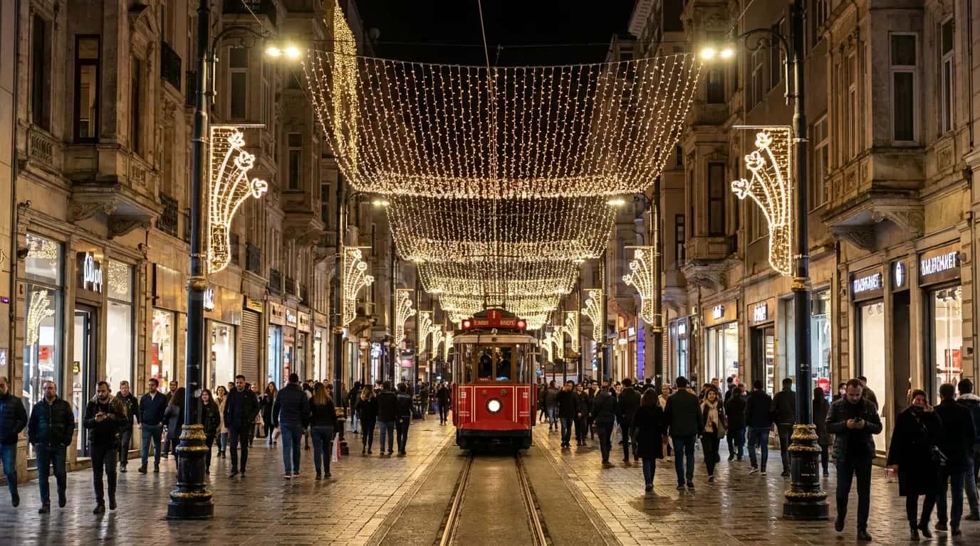 Istiklal Caddesi gibi yogun yaya caddesinde kirmizi tramvay ve uzerinde tavan boyunca uzanan yogun altin LED susleme