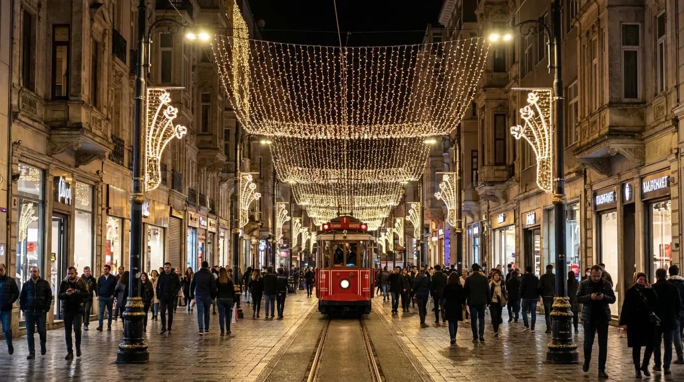 Istiklal Caddesi gibi yogun yaya caddesinde kirmizi tramvay ve uzerinde tavan boyunca uzanan yogun altin LED susleme