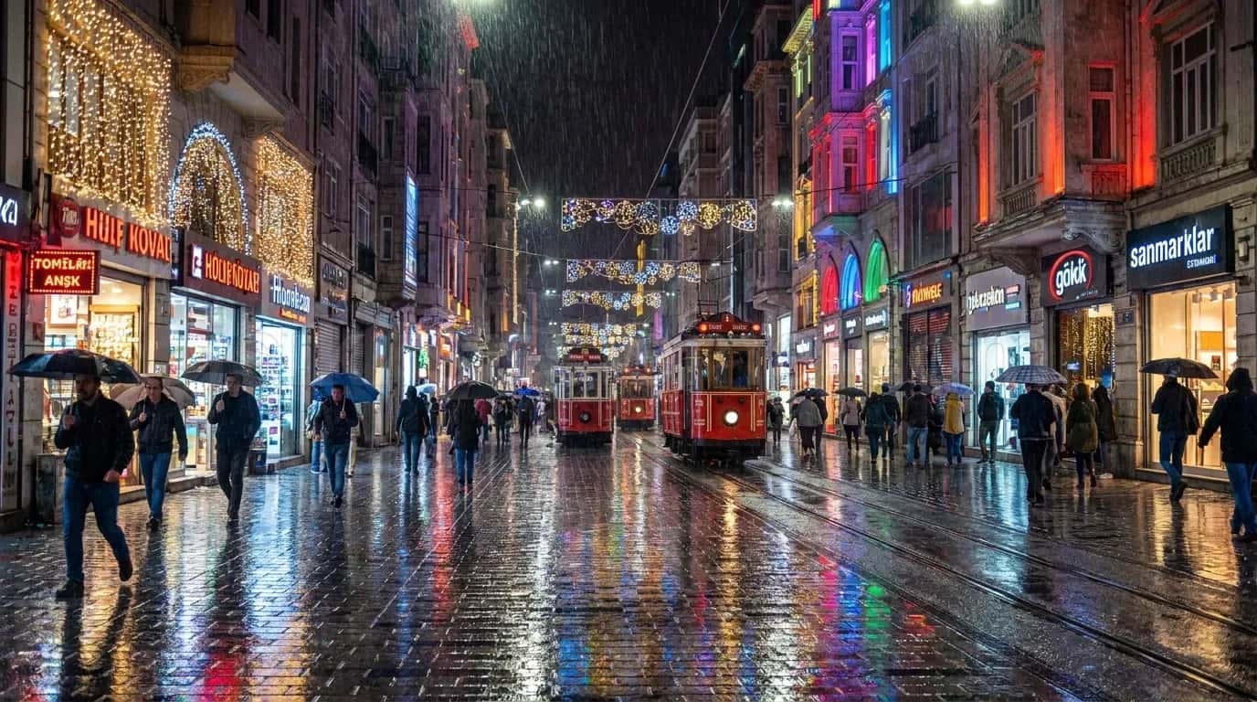 Yagmurlu gece Istiklal Caddesi boyunca altin LED susleme ve tramvay geciyor