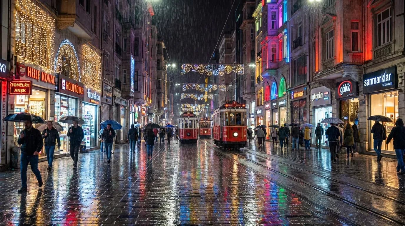 Yagmurlu gece Istiklal Caddesi boyunca altin LED susleme ve tramvay geciyor