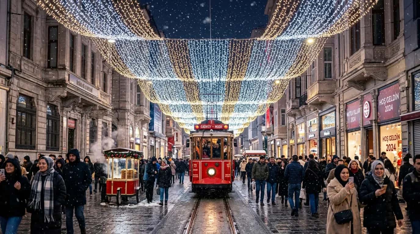 Istanbul Istiklal Caddesinde tramvayin uzerinden gecen kalabalik sokak yilbasi beyaz led zincirleri altinda