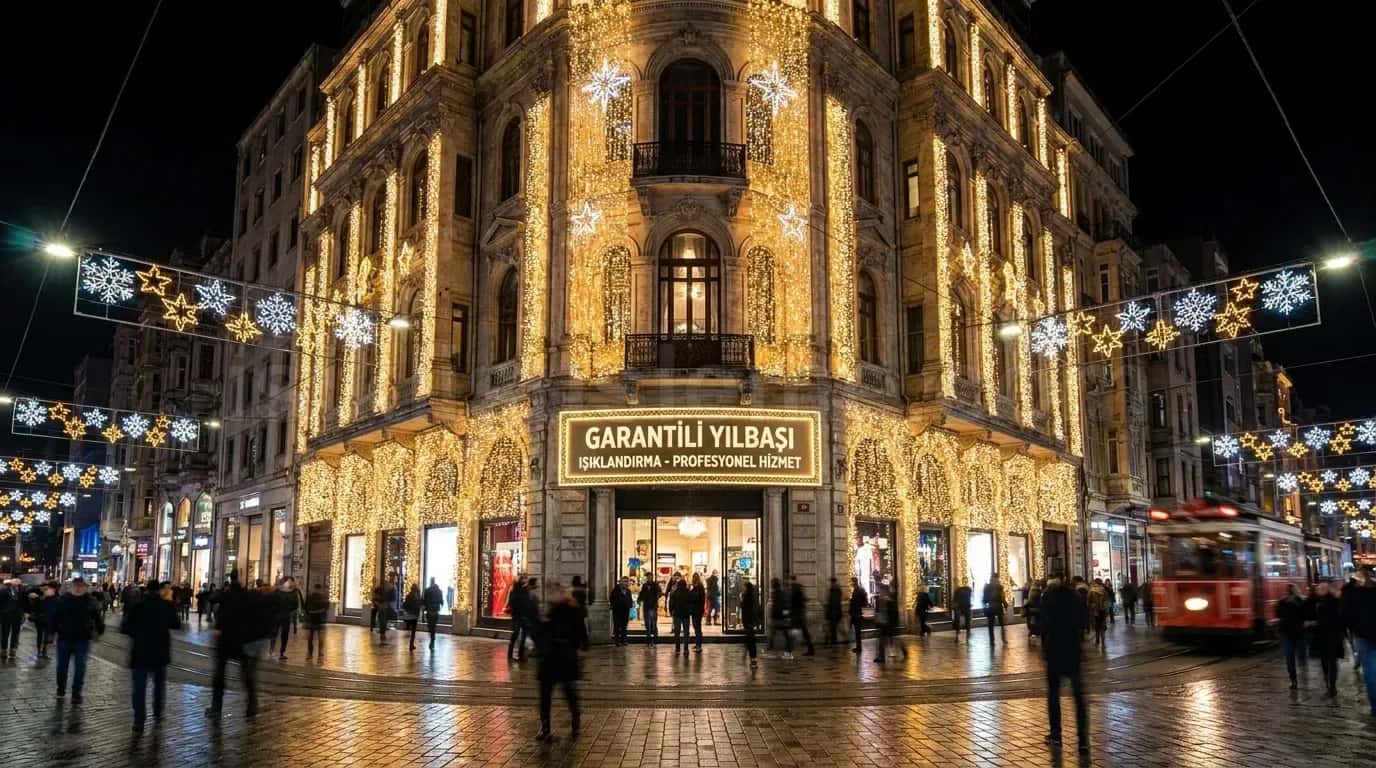 Istiklal Caddesi kosesinde kar tanesi led motifleriyle suslenmis tarihi bina ve aydinlatilmis cadde