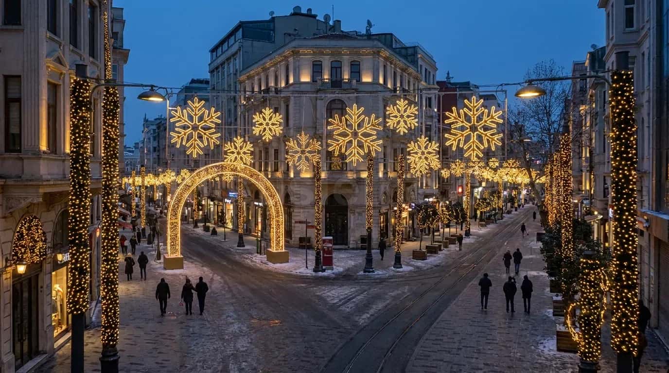 Karli tarihi sokakta altin kar tanesi motifleri ve kemer LED susleme altinda yuruyen yayalar
