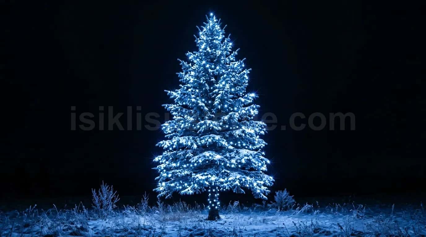 Karli zeminde gece siyah fonun onunde mavi beyaz LED isikli buyuk cam agaci