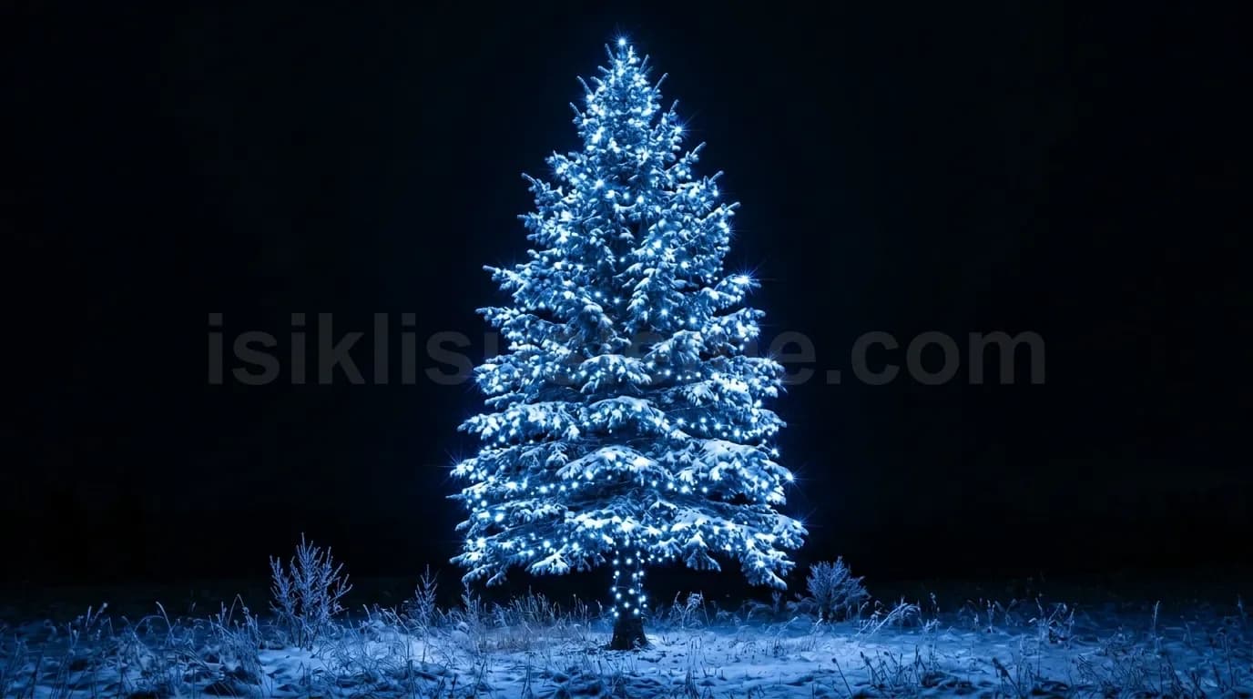 Karli zeminde gece siyah fonun onunde mavi beyaz LED isikli buyuk cam agaci