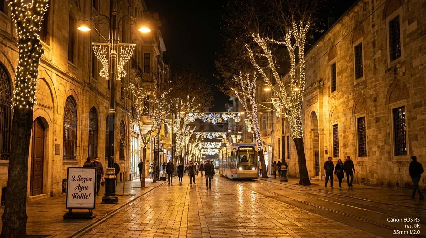 Gece aydinlatilmis kent caddesinde agaclara ve tavan tellerine gerilmis beyaz LED susleme, onunden tramvay gecisi