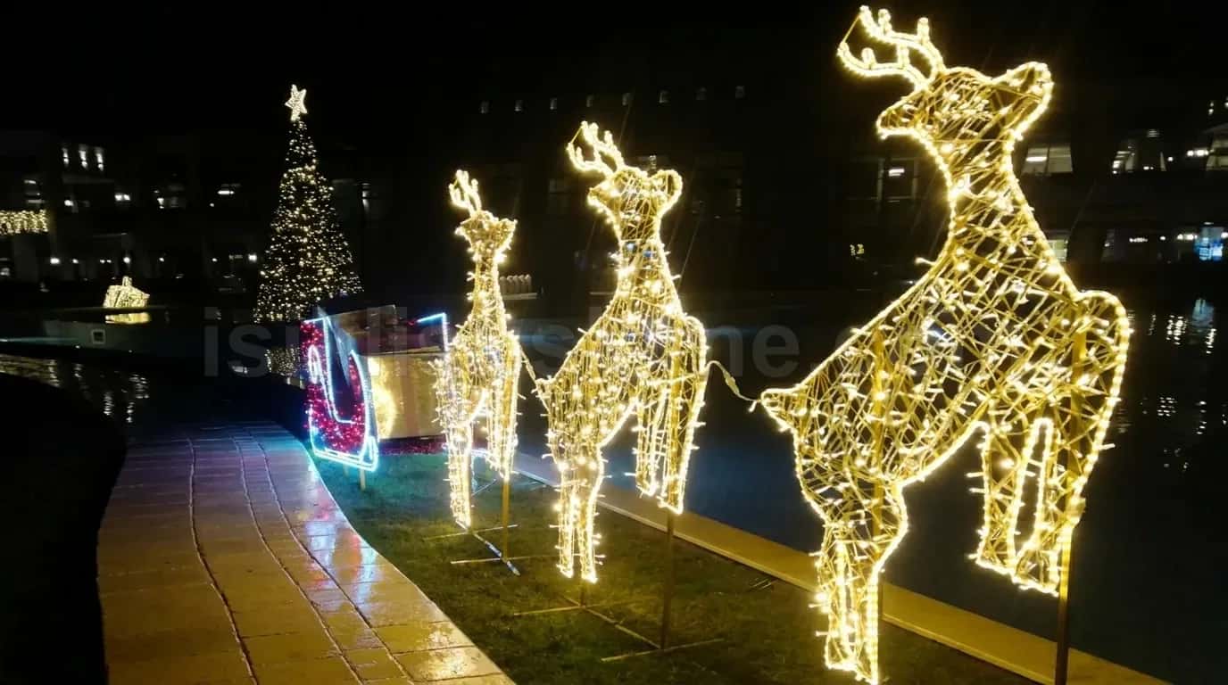 Gece vakti su kenari mesirde altin LED geyik figurleri ve LED kizak ile yilbasi cam agaci