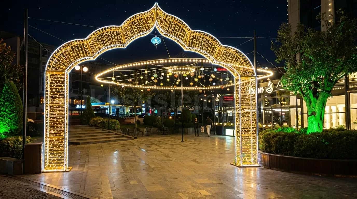 Gece aydinlatmali altin sari LED zincirli buyuk kemer kapi susleme yapisi
