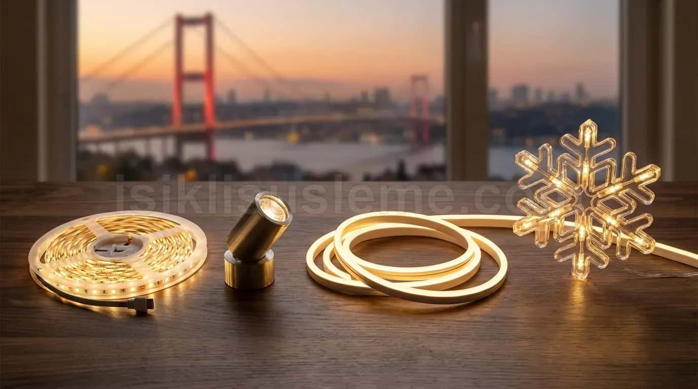 Masada led serit rulosu neon flex rulo led spot ve kar tanesi figur bogaz manzarasi onunde