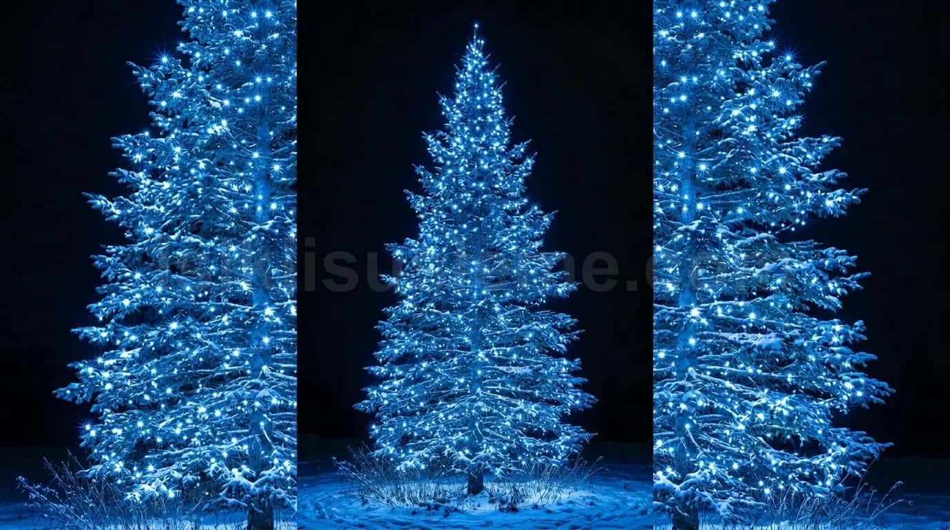 Gece siyah fon onunde uc adet mavi LED isikli yilbasi cam agaci yan yana