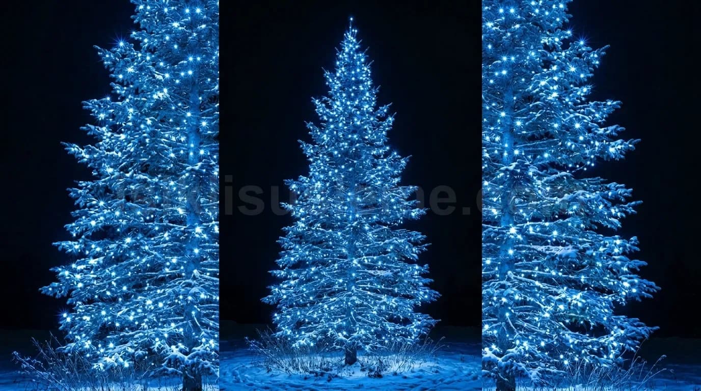 Gece siyah fon onunde uc adet mavi LED isikli yilbasi cam agaci yan yana