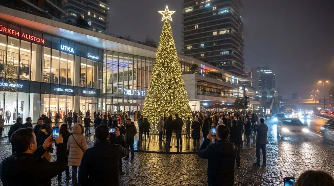 Sehir meydaninda kalabaligin cevreleledigi buyuk yilbasi agaci gece LED isiklandirmasi