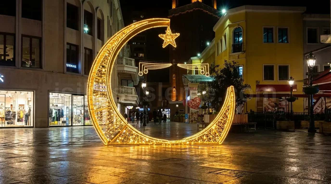 Gece aydınlanmış sehir meydanında altin sarisi buyuk LED hilal ve yildiz figuru arkasinda bina