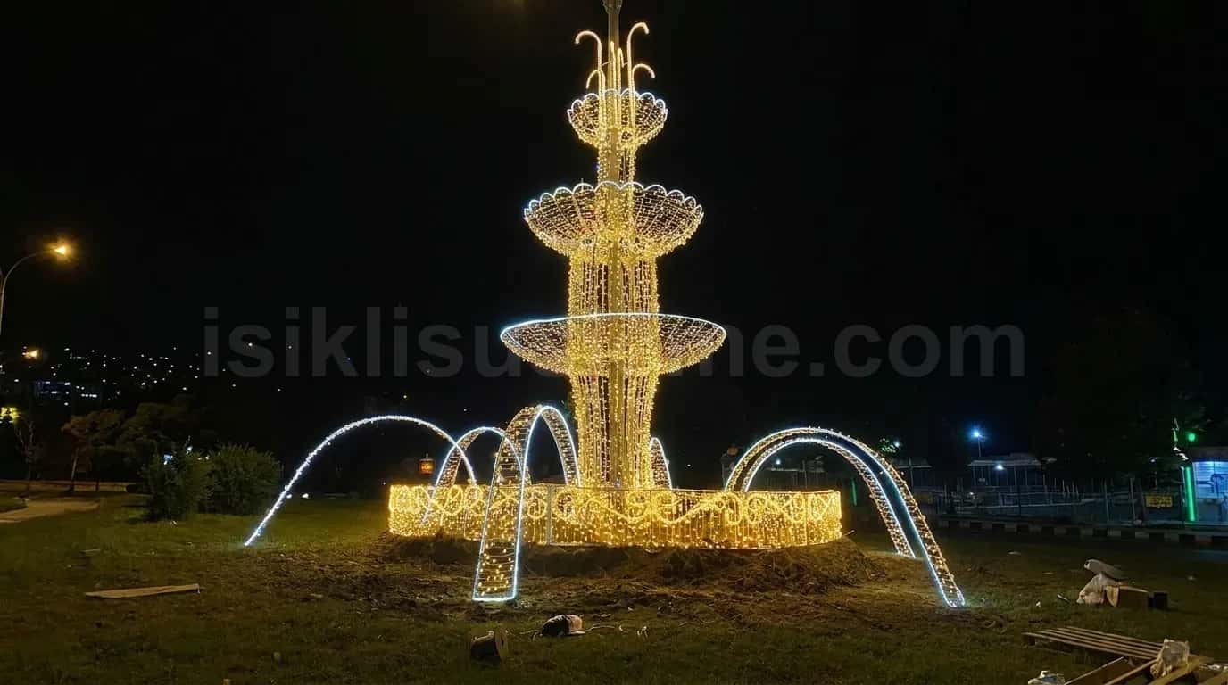 Acik alanda gece parlayan cavus sekilli dev altin sari LED isikli fiskiye figuru