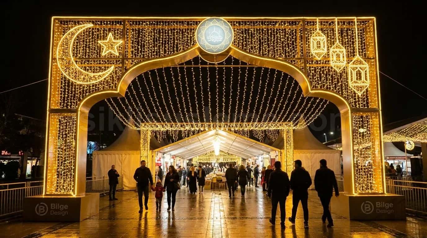 Altin sarisi hilal ve yildiz motifli buyuk LED kemer altindan gecen yayalar gece meydanda