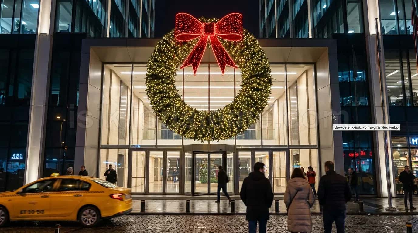 Modern plaza girisinde insanlar ve sarI taksi onunde devasa kirmizi fiyonklu altin LED yilbasi celenginin gece gorunumu