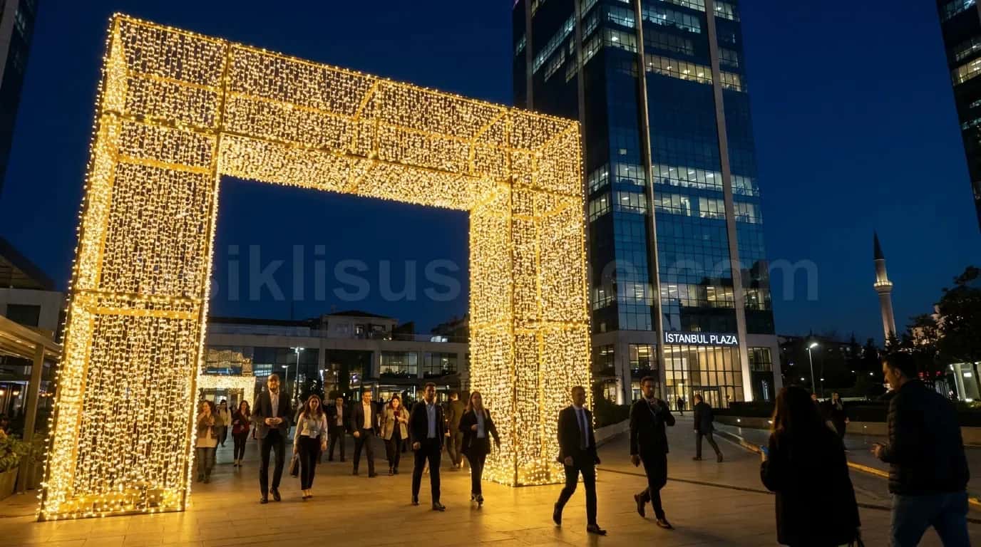 Istanbul plaza meydaninda sicak beyaz LED ile yapilmis dev kare portal figur