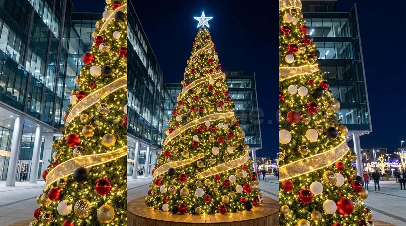 Plaza binasi onunde uc adet dev yilbasi cam agaci kirmizi ve altin renkli toplarla bezeli gece gorunumu