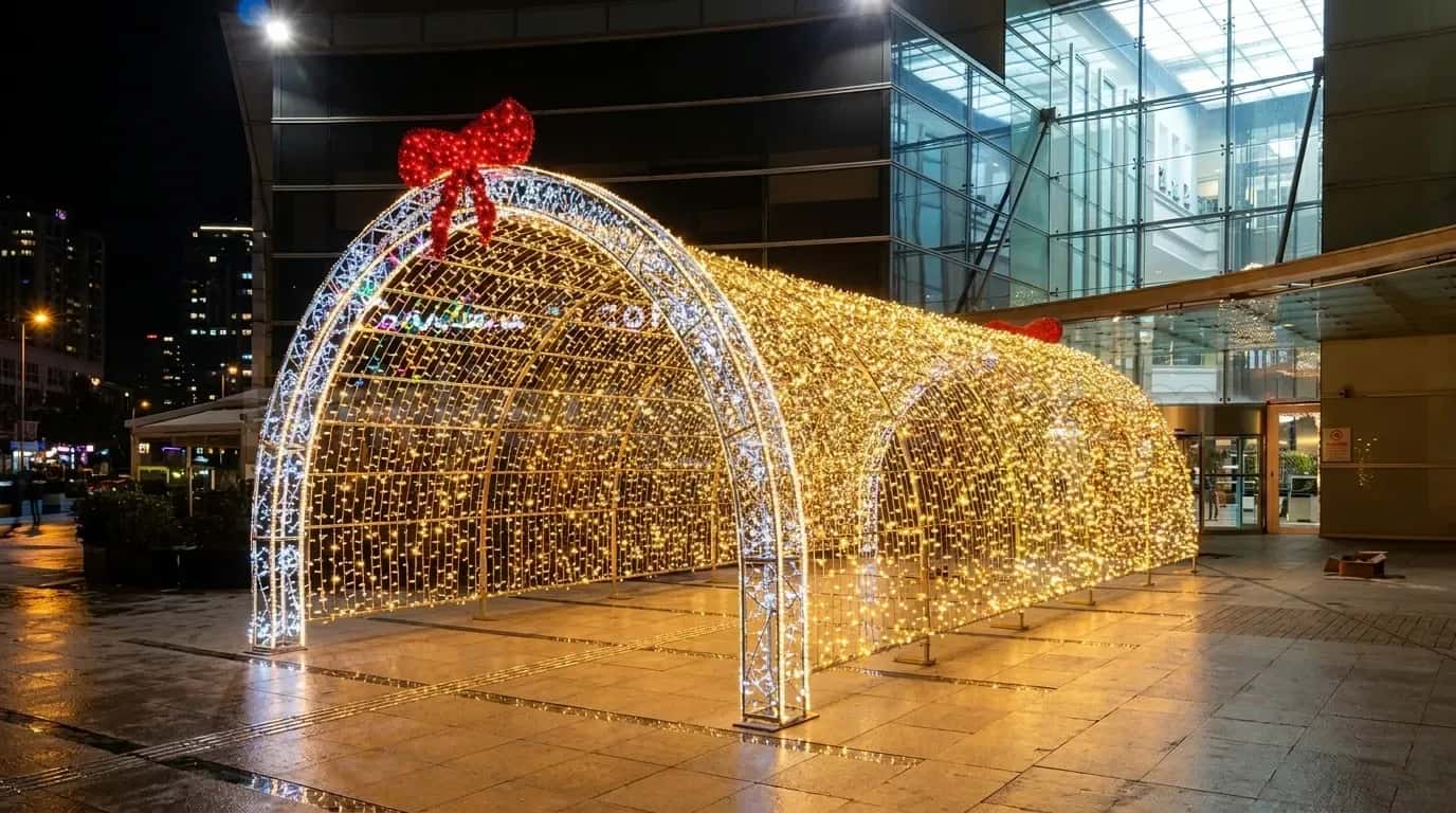 Gece plaza önünde aydınlatılmış büyük LED kemer tünel ve tepesinde kırmızı fiyonk figürü