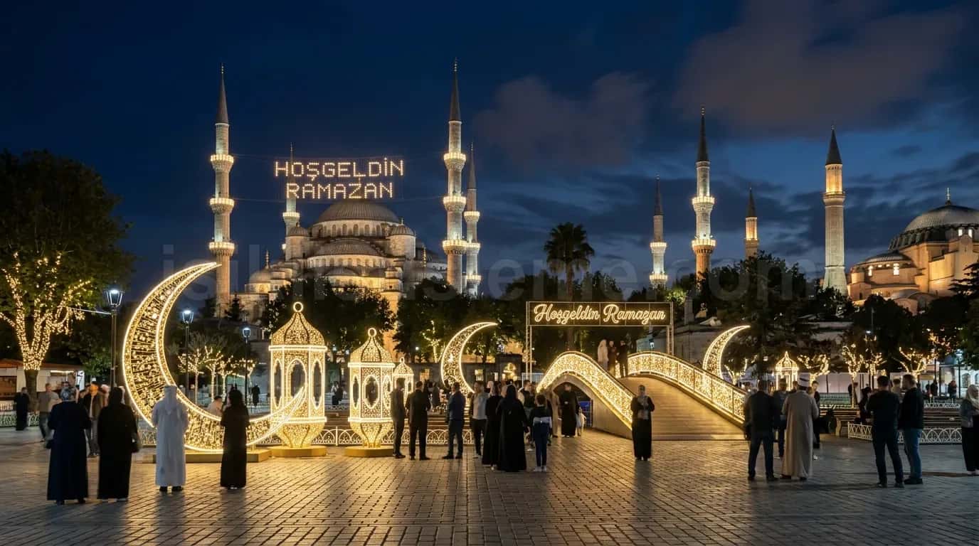 Geceleyin Sultanahmet Camii arkaplaninda LED hilal kemer ve hosgeldin ramazan yazisiyla dolan meydan kalabалigi